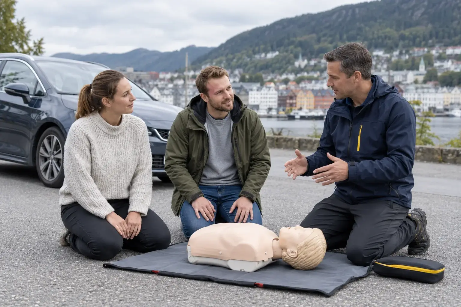AI-illustrasjon av førstehjelpsøvelse med instruktør og øvingsdukke ved en bil i Bergen